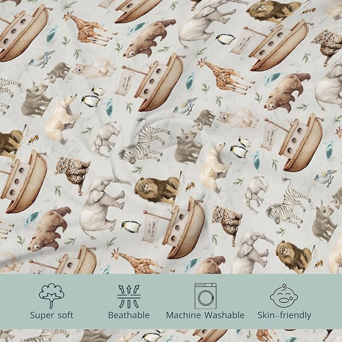 HawSkgFub Noah’s Ark Animal Boat Changing Pad Cover for Baby Girl Boy, Natural Elephant Bear Giraffe Rhino Ship Diaper Change Table Covers, Soft Safe Snug Fitted Changing Mat Sheets Fit 32"/34" x 16"