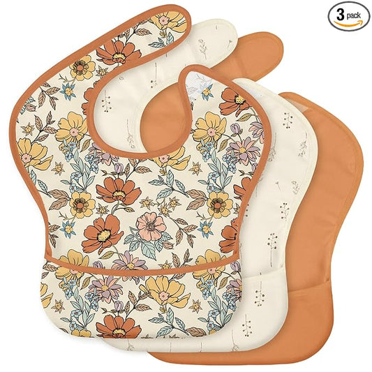 3-Pack Waterproof Baby Bibs for Eating - Mess Proof Lightweight Toddler Feeding Bibs with Large Food Catcher, Food-Grade Baby Eating Essentials, Easy to Put On & Clean(Retro Floral)