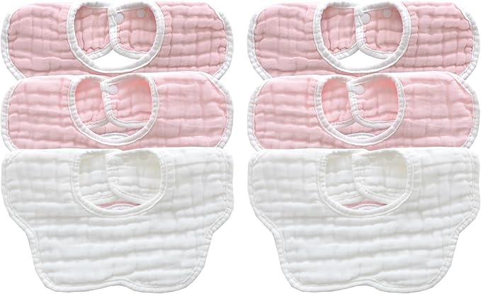 MUKIN Soft Cotton Muslin Baby Bibs 6 Pack | Adjustable Snap Closure for Newborns| Absorbent for Drooling, Teething & Feeding