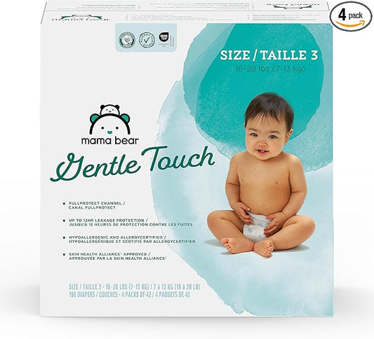 Amazon Brand - Mama Bear Gentle Touch Baby Diapers, Size 3, 168 Count (4 packs of 42), Leakproof, Keeps Baby Dry, Skin Safe, Formulated without Fragrance with Wetness Indicator
