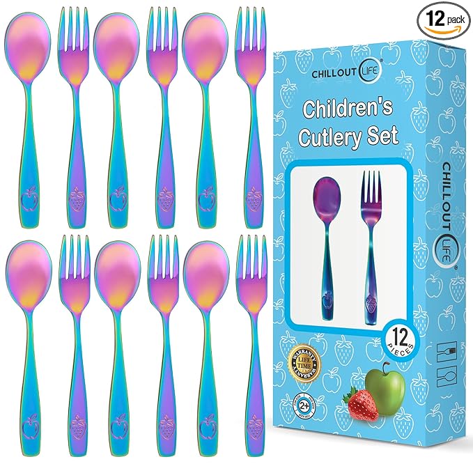 CHILLOUT LIFE Stainless Steel Kids Silverware Set 12 Pieces - Child and Toddler Safe Flatware - Kids Utensil Set - Metal Kids Cutlery Set (Includes 6 Small Kids Spoons & Kids 6 Forks, UV Rainbow)