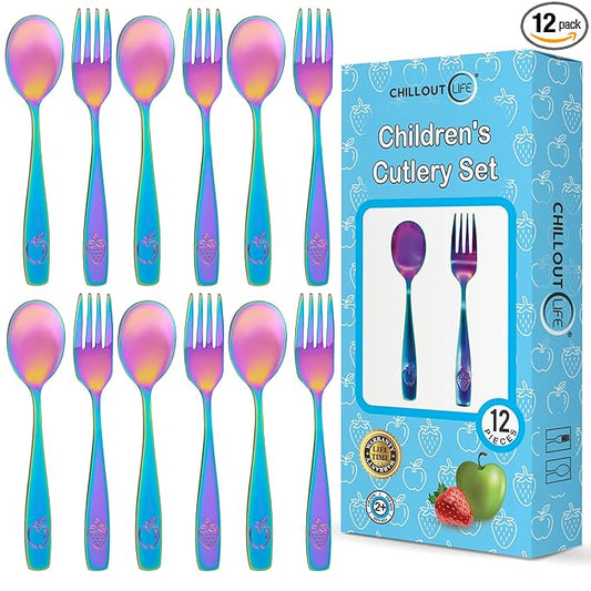 CHILLOUT LIFE Stainless Steel Kids Silverware Set 12 Pieces - Child and Toddler Safe Flatware - Kids Utensil Set - Metal Kids Cutlery Set (Includes 6 Small Kids Spoons & Kids 6 Forks, UV Rainbow)