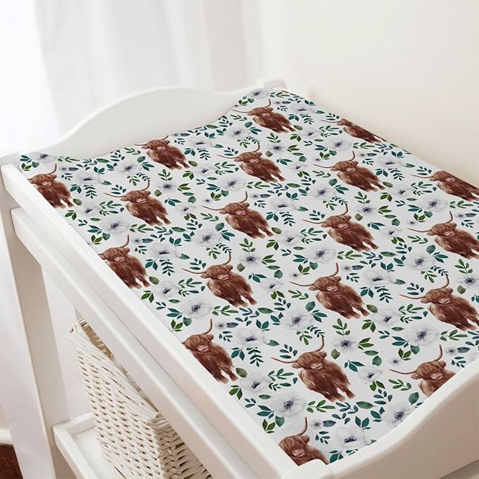 Highland Cows White Poppy Changing Pad Cover Cute Yak Boho Floral Diaper Changing Table Cover Sheets for Boys Girls Soft Breathable Stretchy Fitted Changing Table Mats 32''x16''