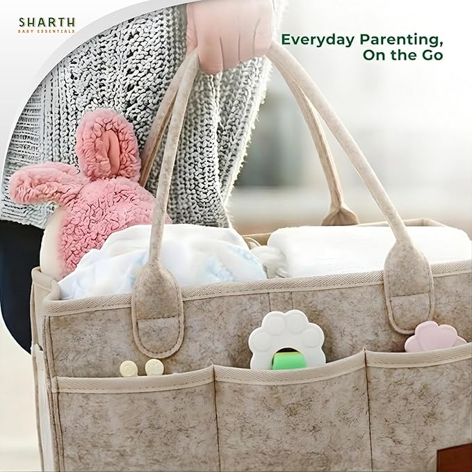 Sharth Baby Diaper Caddy Organizer with Handle, Baby Shower Gifts Basket Bag, Registry Search Must Haves Items, Nursery Storage Organizer for Newborn Girl Boy, Car Diaper Caddy (Beige)