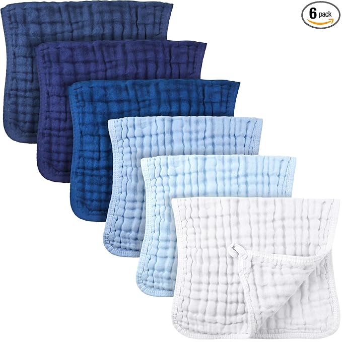 Irenare 6 Pack Muslin Burp Cloths Cotton Baby Burping Rags Large 20 x 10 Inch 6 Layers Spit up Rags Soft Absorbent Multicolor Wash Cloths Diapers for Newborn Baby Girl Boy (Blue Series)