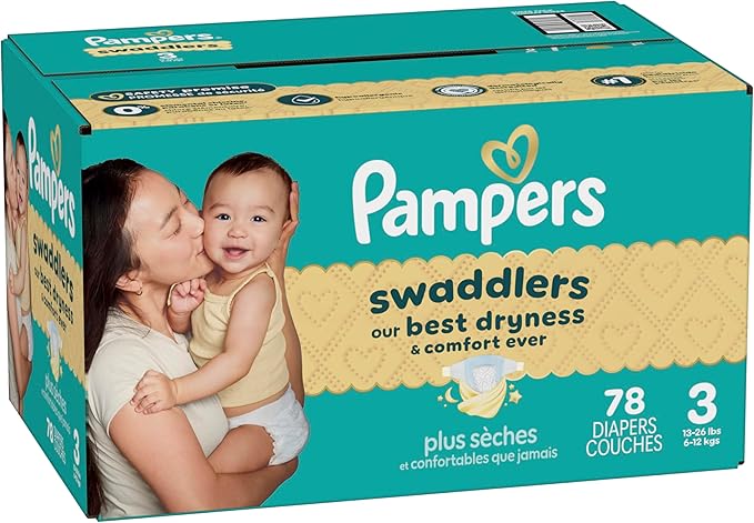 Pampers Swaddlers Diapers, Size 3 (13-26 lbs), 78 Count, Absorbent, Keeps Baby Dry and Comfortable, Skin Safe Disposable Baby Diaper