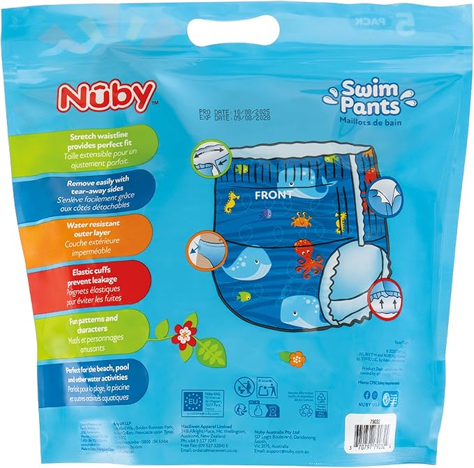 Nuby Swim Pants for Toddlers - 5 Pack - Toddler Swim Diapers with Stretchy Waistline, Tear-Away Sides, Water-Resistant Outer Layer & Leak-Preventing Cuffs - Size Large (26-37 lbs)