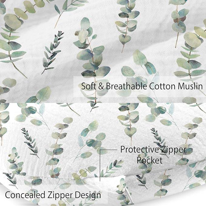 Little Grape Land Muslin Nursing Pillow Covers 2 Pack, 100% Cotton Removable Breastfeeding Pillow Covers, Feeding Pillow Slipcovers for Baby Boys & Girls, (Leaves & Green)