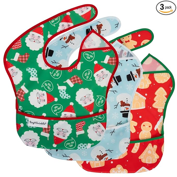 Tiny Twinkle Mess-Proof Baby Bibs for Eating | Waterproof, Wipeable Toddler Bibs with Catch-All Pocket | Feeding Bibs for Girls & Boys(3 Pack,Christmas)