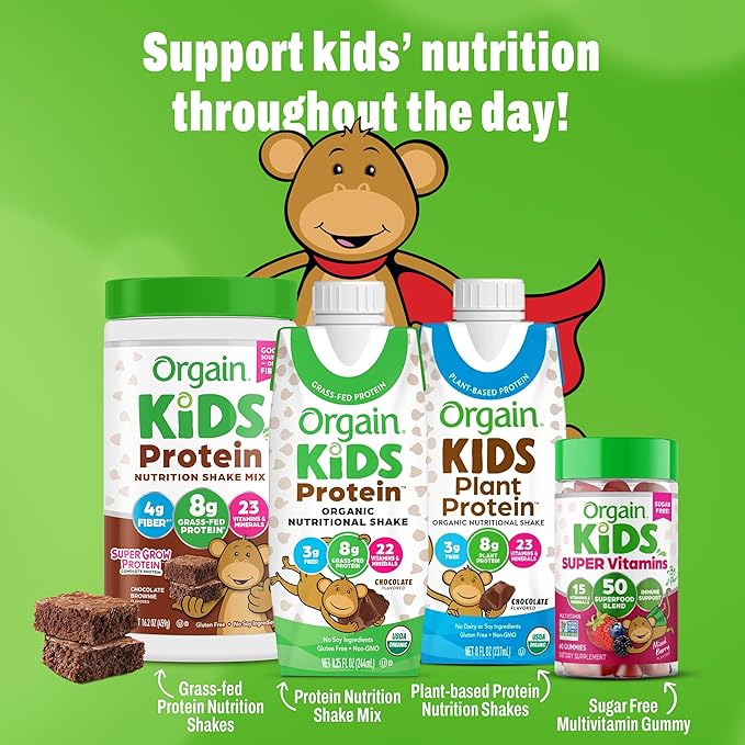 Orgain Organic Kids Protein Nutritional Shake, Chocolate - 8g of Protein, 22 Vitamins & Minerals, Fruits & Vegetables, Gluten Free, Soy Free, Non-GMO, 8.25 Fl Oz (Pack of 4)