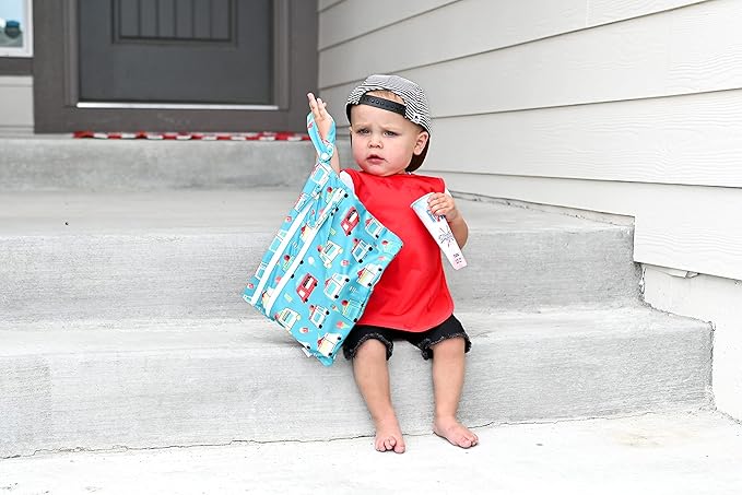 BapronBaby Ice Cream Truck Wet Dry Bag - Waterproof Two Zipper Pockets - Reusable for Mealtime, Diapers, Stroller, Snacks, Swimsuits - Machine Washable - 11" x 9"