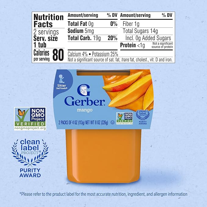 Gerber Stage 2 Baby Food, Mango Puree Tub, No Artificial Colors or Flavors, Baby Puree, 16-Pack