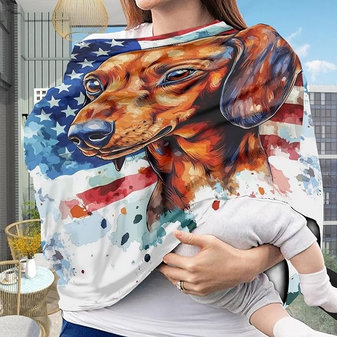 Belidome 4th of July Breastfeeding Cover American Flag Patriotic Nursing Cover Up Sausage Dog Baby Carseat Canopy