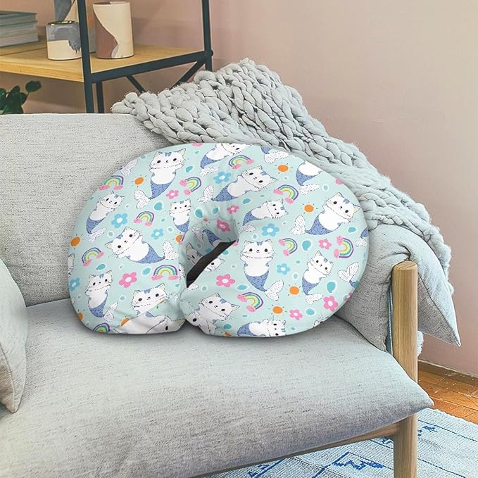 Light Blue Nursing Pillow Cover Stretchy and Soft Nursing Cover for Breastfeeding Pillows,Cute Cat-Fish Pillow Slipcover for Baby Girls Boys Newborn Rainbow (Cover Only)