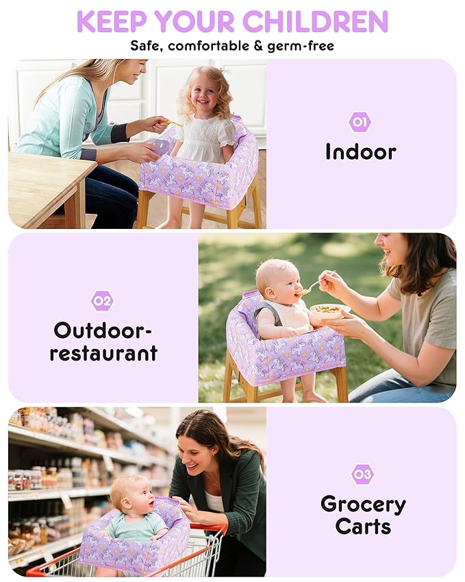 High Chair Cover Portable with 3-Point Harness, Waterproof Baby Seat Cover for Restaurant Travel Home Use, Machine Washable, Fits Wooden Chairs (Purple Unicorn)