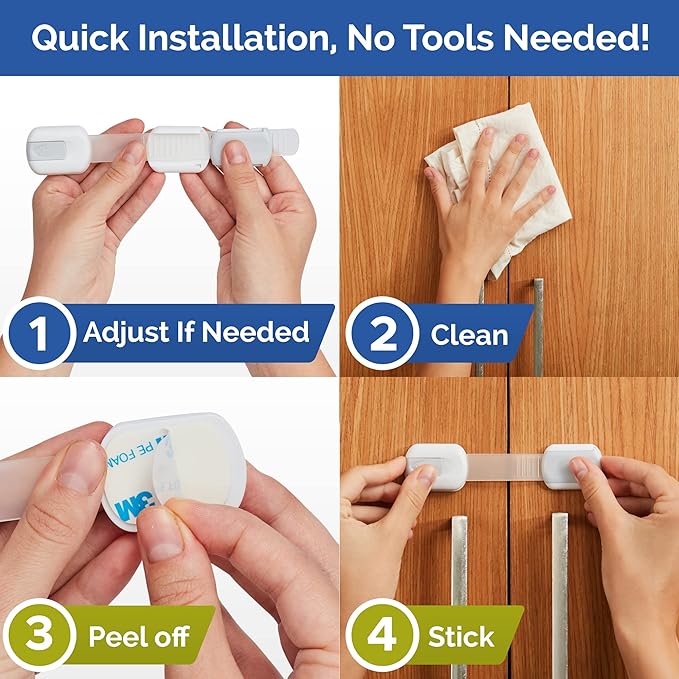 Child Safety Strap Locks (4-Pack) Baby Locks for Cabinets and Drawers, Toilet, Fridge & More. 3M Adhesive Pads. Easy Installation. (White/Gray)