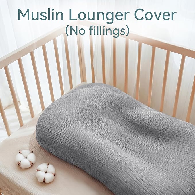 Muslin Baby Lounger Cover 1 Pack, Cotton Soft Breathable Infant Nest Slipcover, Envelope Closure, Compatible with Snuggle Me Loungers, Machine Washable, Cover Only, for Boys Girls(Gray)