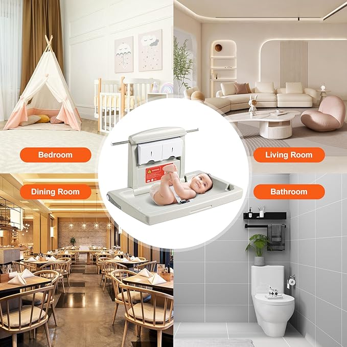 VEVOR Wall-Mounted Baby Changing Station, Horizontal Foldable Diaper Change Table with Safety Straps and Hanging Rods, Use in Commercial Bathrooms, Daycare Centers for Newborns & Infant