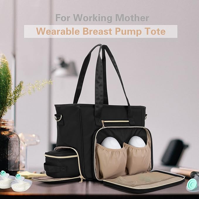 BAFASO Wearable Breast Pump Bag with Cooler and Laptop Sleeve (Compatible with Momcozy S12 Pro, Momcozy M5, Elvie), Pumping Bag for Working Moms (Patent Pending), Black