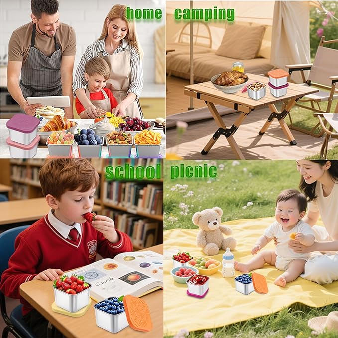 304 Premium Stainless Steel Snack Containers with Silicone Lids, Snackle Box Containers, Easy-Open Leak-Proof Kids for Taking Out for a Picnic, Lunch Box and Travel. (All-6, 6 OZ)
