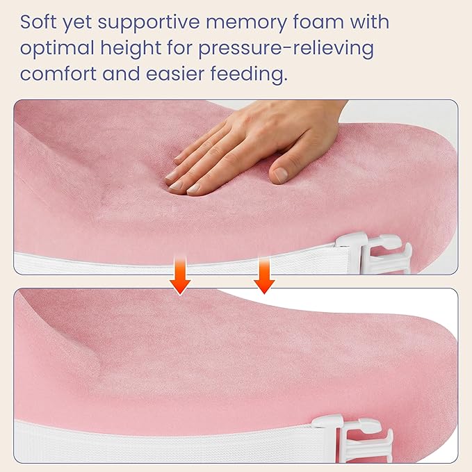 MOMFANN Nursing Pillow for Breastfeeding, 60D Firm Memory Foam, Ergonomic Lumbar Support & Safety Fence, Wider Cushion for Back Pain Relief, Adjustable Strap, Removable Machine Washable Cover - Pink