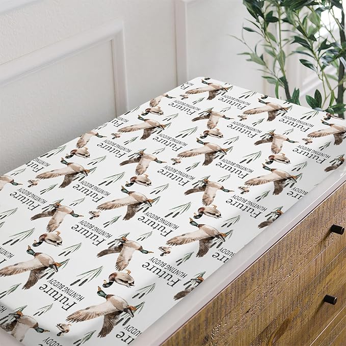 HawSkgFub Future Duck Hunting Buddy Changing Pad Cover for Baby Boy, Wild Mallard Hunter Diaper Change Table Covers, Soft Stretchy Breathable Safe Snug Fitted Changing Mat Sheets Fit 32"/34" x 16"