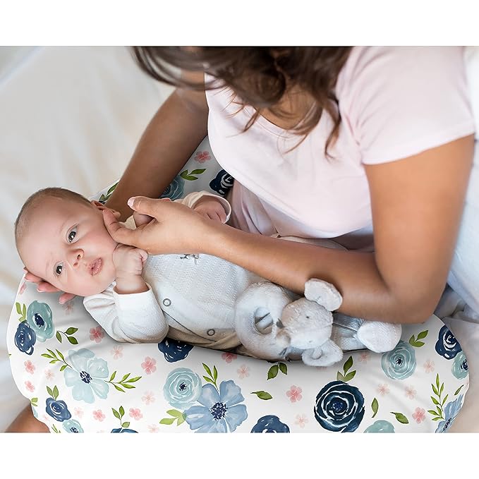 Sweet Jojo Designs Watercolor Floral Nursing Pillow Cover Breastfeeding Pillowcase for Newborn Infant Bottle Breast Feeding Pillow NOT Included Navy Blue Pink Boho Shabby Chic Rose Flower Farmhouse