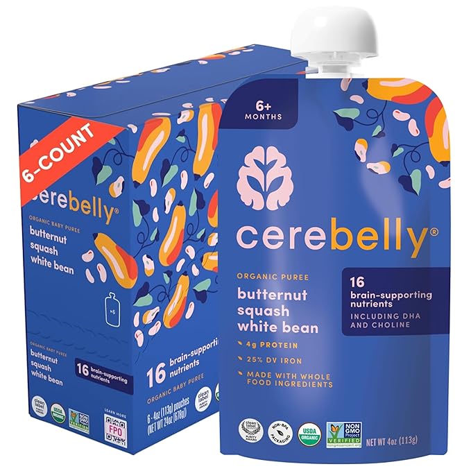 Cerebelly Organic Baby Food Pouches, Butternut Squash White Bean Purees, 16 Nutrients, No Added Sugar, Fiber & Non-GMO, 4oz, 6 Pack