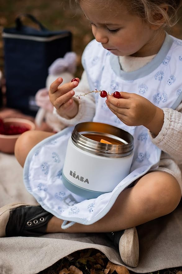 Beaba Stainless Steel Insulated Food Jar 16 oz, Kids Thermos, Lunch Containers, Leakproof, Wide Opening, Suitable for Hot and Cold Foods (Cloud)