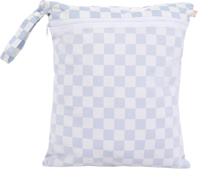 Ali+Oli Water Resistant Dual-Compartment Wet-Dry Bag for Travel, Hook to Stroller, Daycare, Diapers, Diaper Bag, Clutch Bag,15x12 inches (Blue Checkers)