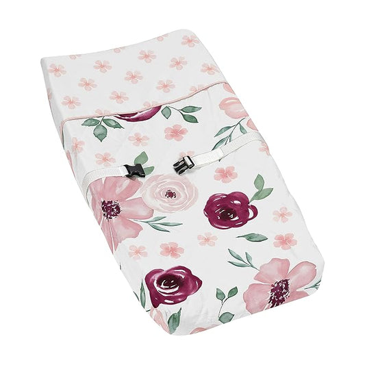 Sweet Jojo Designs Burgundy Watercolor Floral Girl Baby Nursery Changing Pad Cover - Blush Pink, Maroon, Wine, Rose, Green and White Shabby Chic Flower Farmhouse