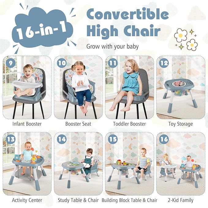 HONEY JOY 16-in-1 Baby High Chair, Convertible Highchair for Babies and Toddlers/Booster Seat/Activity Center with Toys, Building Block Table & Stool, Safety Harness, Removable Cushion & Tray (Blue)