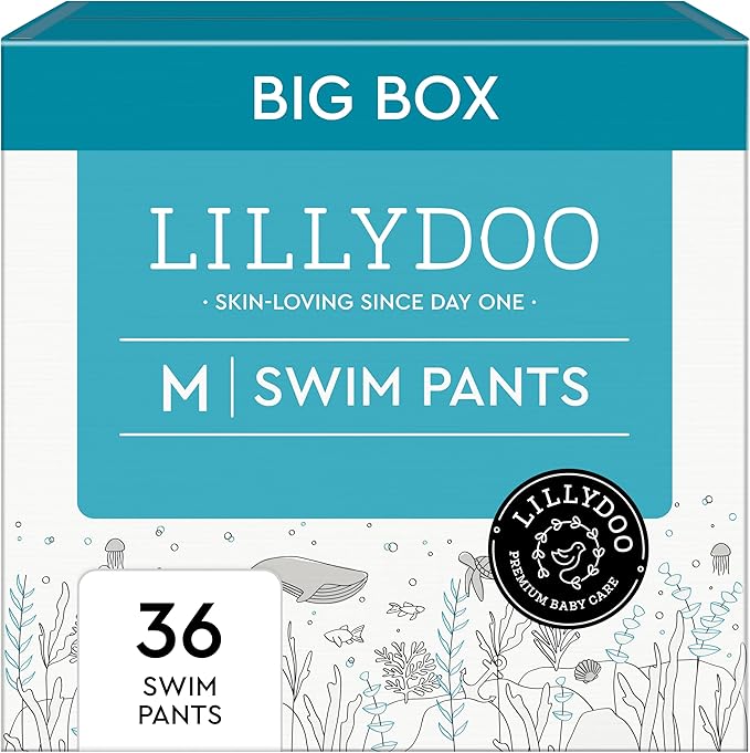 LILLYDOO Baby Swim Diapers - Size Medium (20-33 lbs), Half-Monthly Supply (36 Count), Blue Whales Design, Skin-Friendly, Perfume- & Chlorine-Free, Hypoallergenic, Dermatologist Tested, Oeko-TEX®