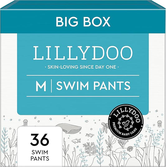 LILLYDOO Baby Swim Diapers - Size Medium (20-33 lbs), Half-Monthly Supply (36 Count), Blue Whales Design, Skin-Friendly, Perfume- & Chlorine-Free, Hypoallergenic, Dermatologist Tested, Oeko-TEX®