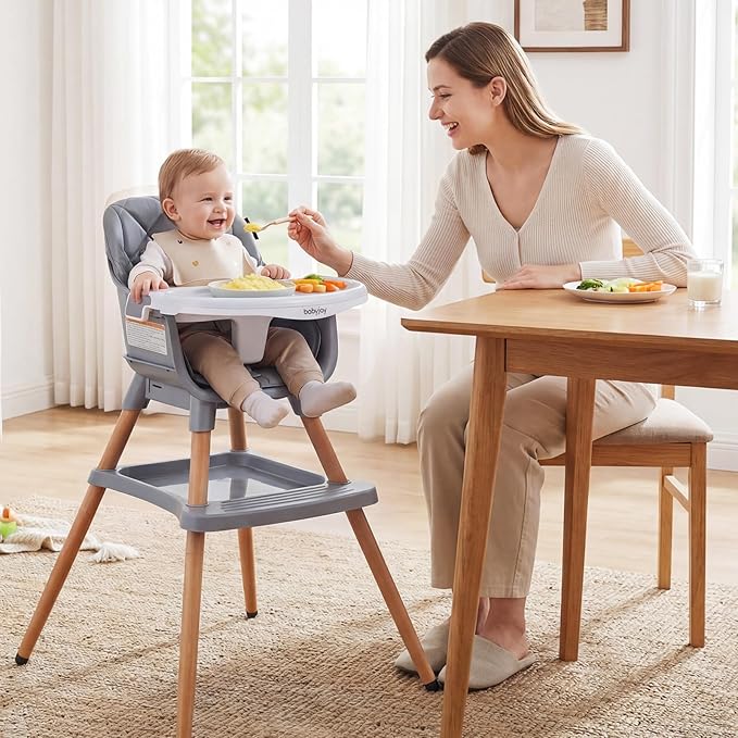 BABY JOY 8-in-1 High Chair, Convertible Wooden Highchairs for Babies and Toddlers | Dining Booster Seat | Toddler Stool, Double Removable Tray, 5-Point Safety Harness & Waterproof PU Cushion (Gray)