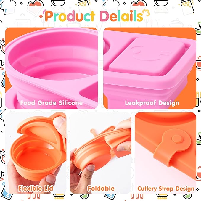 Silicone Reusable Snack Containers - 4PCS Double Compartment Snackle Box with Lids for Kids & Adults, Portable Leakproof Food Storage Boxes for Salad Dressing, Sauces, Picnic, Travel