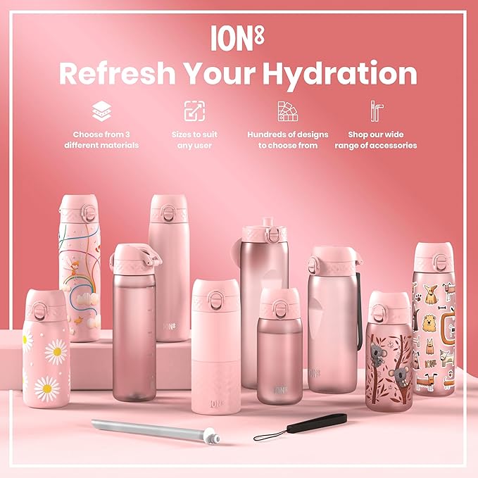 Ion8 Small Water Bottle, 350 ml/12 oz, Leak Proof, Easy to Open, Secure Lock, Dishwasher Safe, BPA Free, Carry Handle, Hygienic Flip Cover, Easy Clean, Odor Free, Carbon Neutral, Rose Quartz Pink