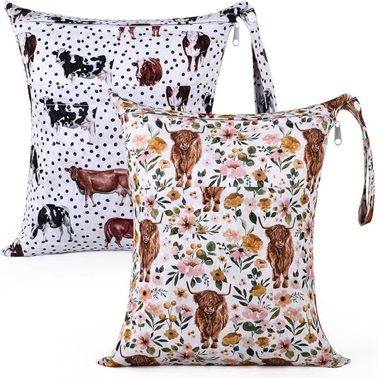 2pcs Cloth Diaper Wet Dry Bags Waterproof Reusable with Two Zippered Pockets Travel Beach Pool Stroller Daycare Soiled Baby Items Yoga Gym Bag for Swimsuits or Wet Clothes - Highland Cow