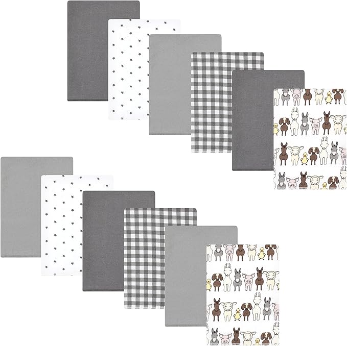 Hudson Baby Unisex Baby Cotton Flannel Burp Cloths Bundle, Farm Friends Grey, One Size