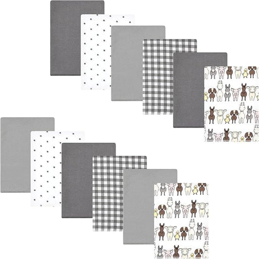Hudson Baby Unisex Baby Cotton Flannel Burp Cloths Bundle, Farm Friends Grey, One Size