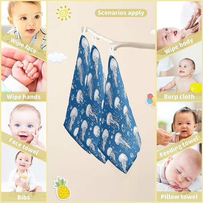 vvfelixl Jellyfish Bubbles Baby Burp Cloths Baby Muslin Washcloths for Boys Girls Cotton Babys Face Towel for Newborn Infants Soft and Absorbent 11.8 X 11.8 in, 5 Pack