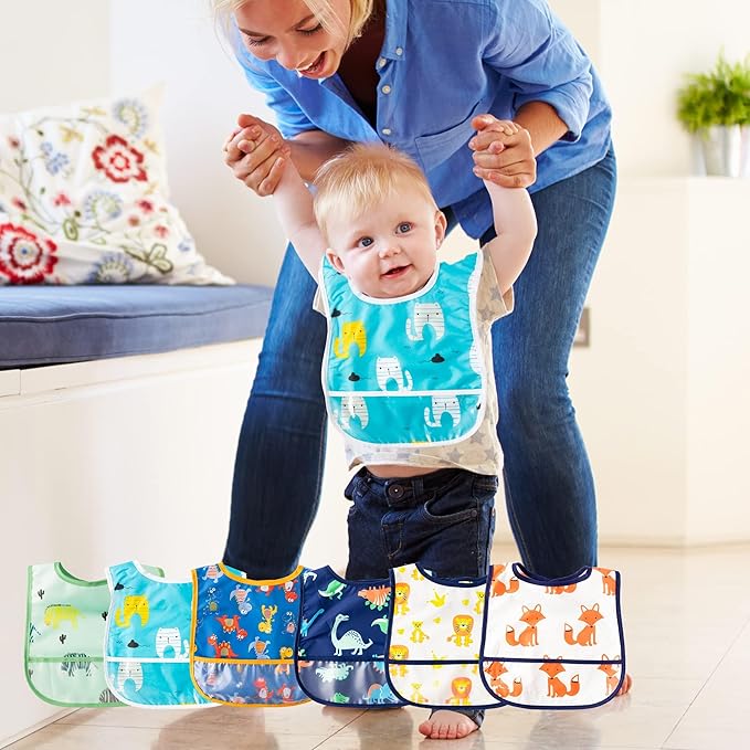 6Pcs Waterproof Toddler Bibs Baby Feeding Bib Set with Crumb Catcher Pocket Infant Adjustable Baby Teething Bib Babies Sleeveless Animals Food Bibs Keepsake Gift for Baby Shower, 6-24 Months