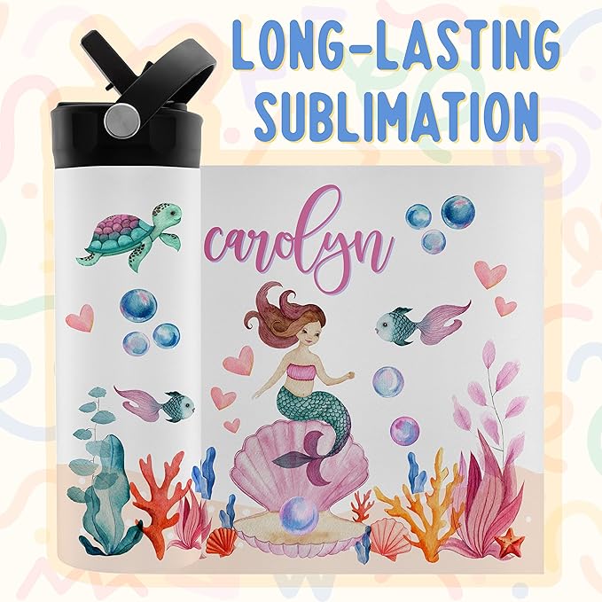 Personalized Kids Water Bottle with Straw Lid - 20 oz - 11 Wraparound Designs, Custom Water Bottle for Children, Back to School Gifts - BPA FREE, Double-Wall Insulated, Birthday Gifts - Mermaid