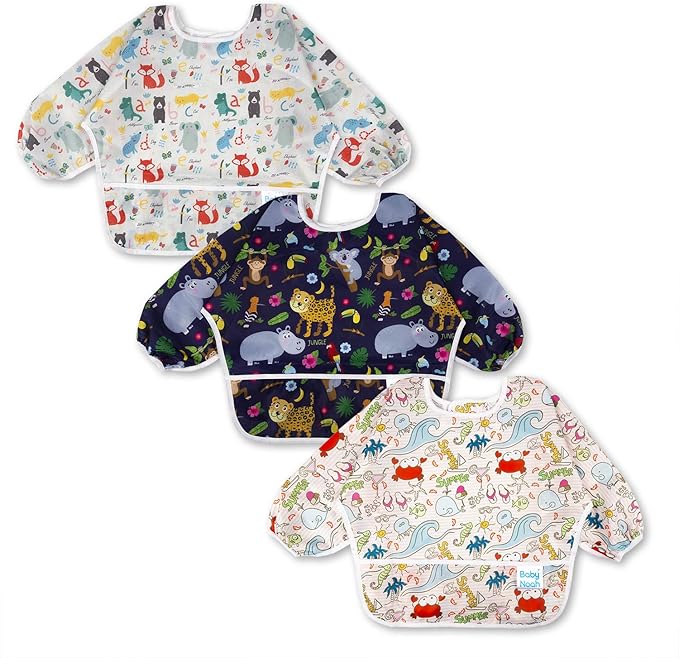 3 Pcs Long Sleeved Bib Set|Baby Waterproof Bibs with Pocket Bundle|Toddler Bib with Sleeves|Stain Resistance Smock 6-24 Month