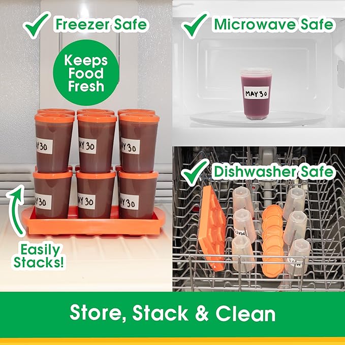 Baby Food Storage Containers w Interlocking Lids, 6 Pack- 4oz Reusable Leakproof Plastic Jars w Locking Tray- Freezer, Microwave & Dishwasher Safe- BPA/PVC Free, Compatible with Bullet Blender