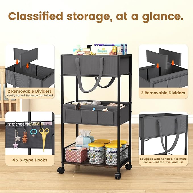 Diaper Caddy Organizer and Storage, 3-Tier Baby Storage Organizers with 2+2 Dividers, Large Capacity Diaper Rolling Cart for Nursery, Diaper Caddy Cart for Crib, Bedroom, Bathroom