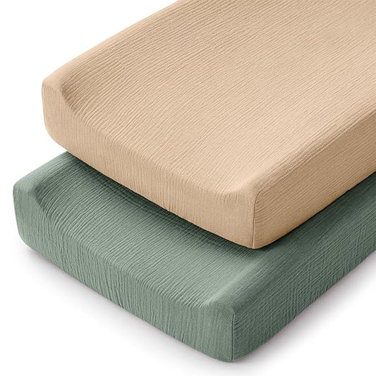 Comfy Cubs Muslin Fitted Changing Pad Cover Pack of 2, Fern and Cream - Soft, Breathable & Washable 100% Cotton Fitted Sheet for Baby's Comfort - Universal Fit for Flat & Curved Baby Changer Pad