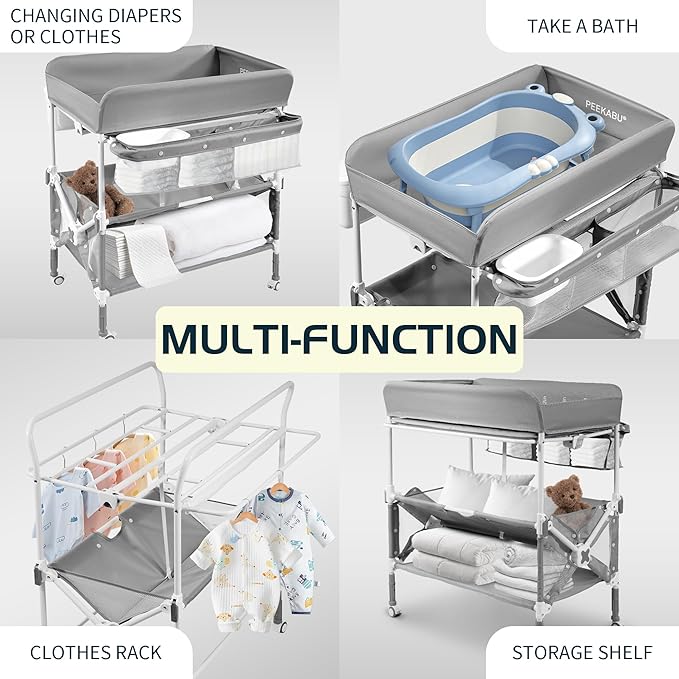 PEEKABU Portable Foldable Baby Changing Table Dresser Waterproof Diaper Changing Station with Wheels, Adjustable Height Changing Table Station Mobile Nursery Organizer for Newborn and Infant, Grey