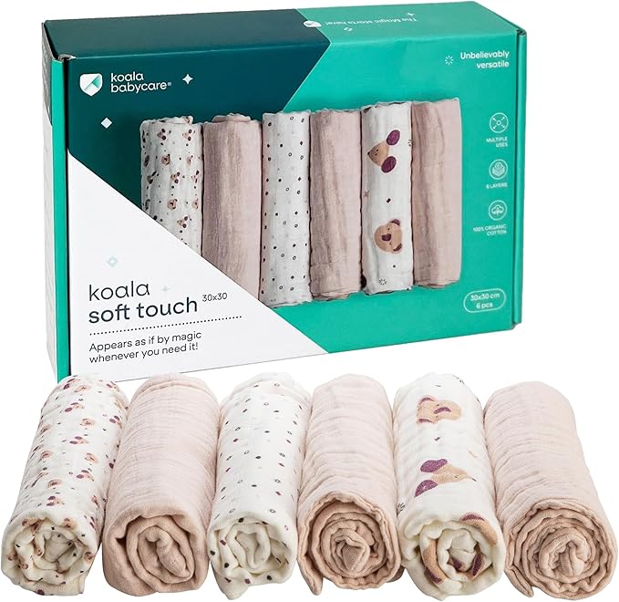 Koala Babycare 6 Pack 12"x12" Muslin Burp Cloths for Baby Boys and Girls - GOTS & Oeko-TEX Cotton Burp Rags for Newborns - Absorbent Neutral Burping Cloths for Feeding - Washable Baby Bibs Essentials
