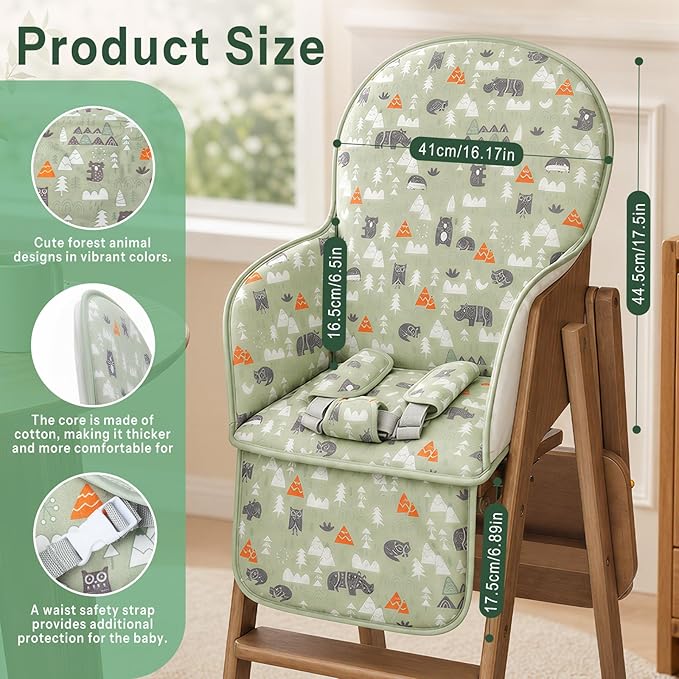 High Chair Pad, High Chair Cushion, High Chair Cover Pad, Safe and Comfort, Soft and Breathable, Cute Pattern, Baby Sits More Comfortable（Green Animal Pattern）